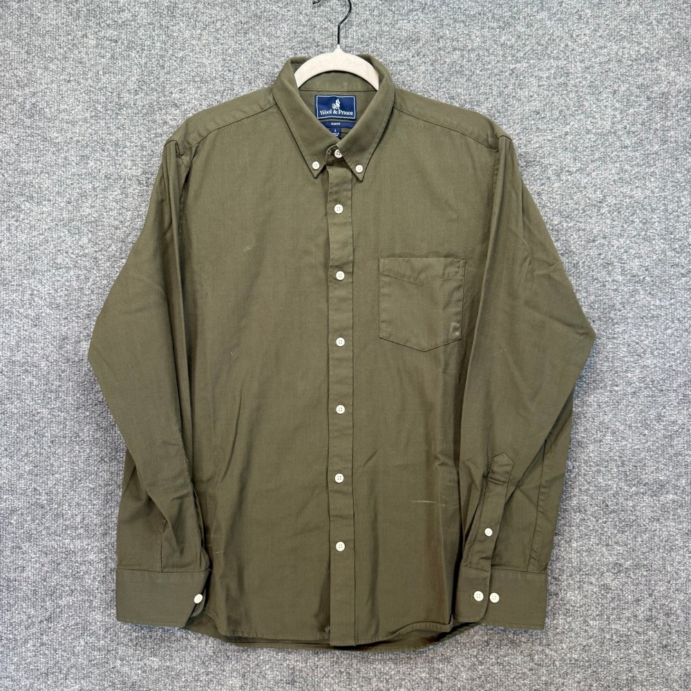 Wool & Prince Button Down Shirt Mens Large Green 100% Wool Slim Fit Twill Shirt